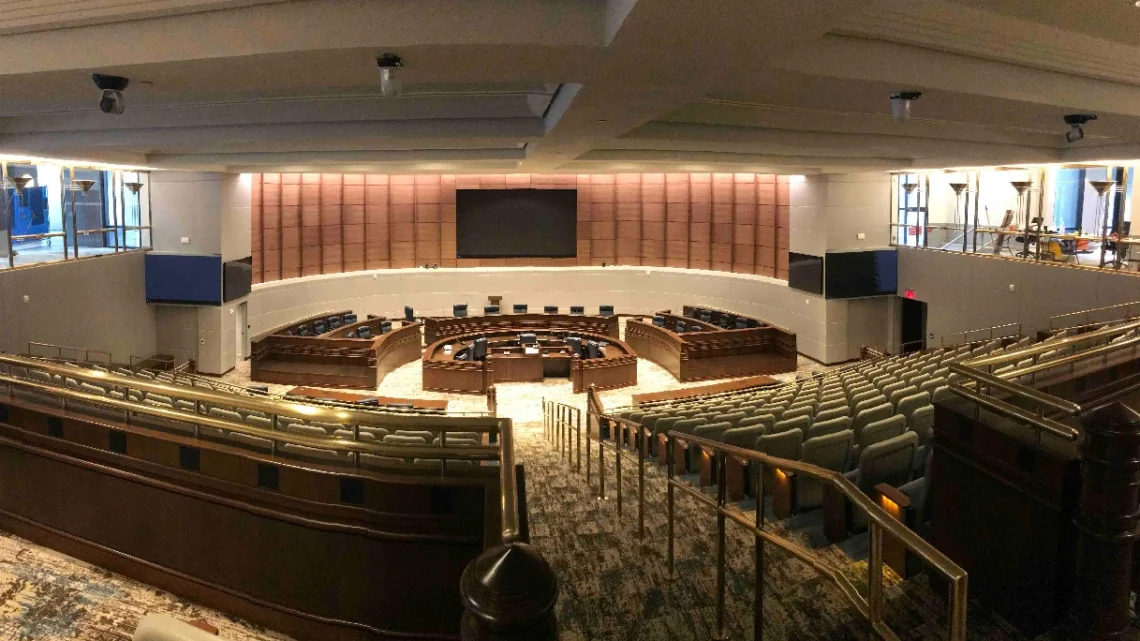 Empty Assembly Hall for the Fulton County Board of Commissioners.