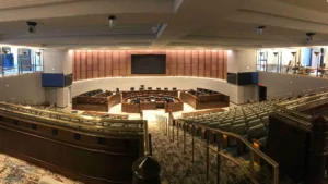 Empty Assembly Hall for the Fulton County Board of Commissioners.