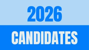 Text image with “2026” in bold blue on a light blue background above “CANDIDATES” in bold white on a darker blue strip, implying a future event.