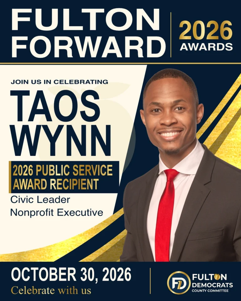 Join us in celebrating Taos Wynn, 2026 Public Service Award recipient. Civic leader and nonprofit executive. Fulton Forward 2026 Awards, October 30, 2026.